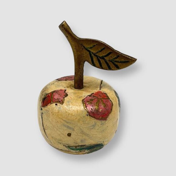 Vintage Solid Brass Hand Painted Dinner Bell Apple 3” Tall w/Stem Teacher Decor - Picture 1 of 9